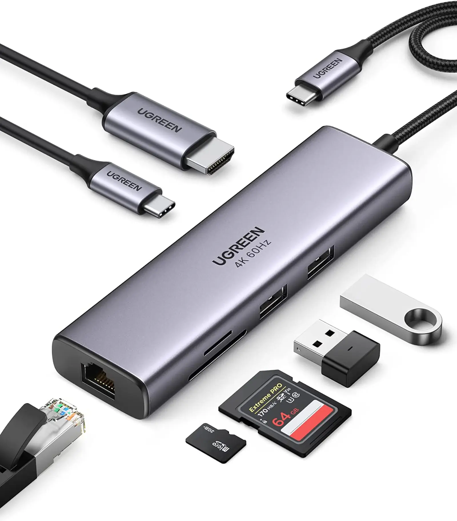 The UGREEN 7 in 1 USB C Hub with suitable accessories.