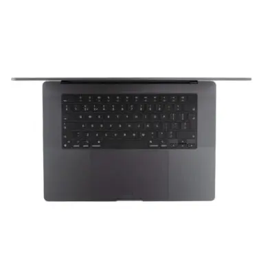 Top down view of a 16-inch refurbished Apple MacBook Pro in space grey.